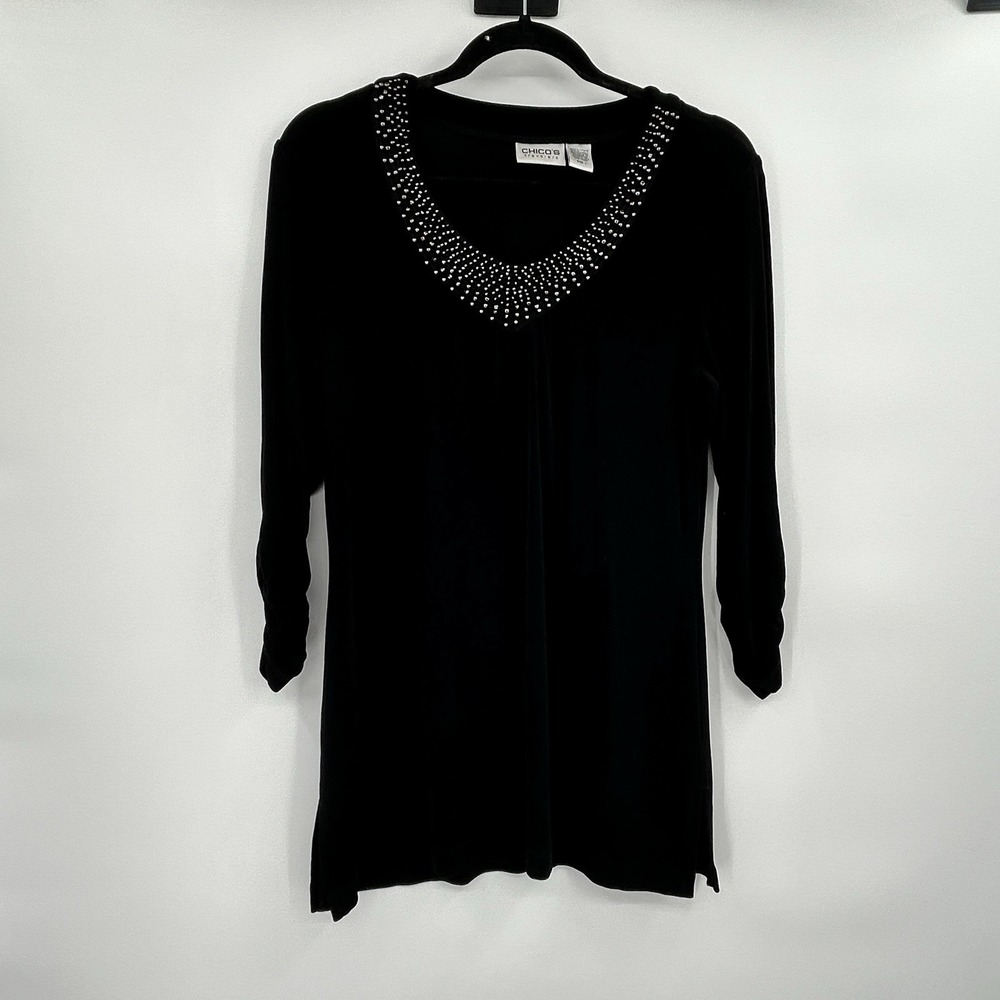 Chicos Travelers Womens Beaded Slinky‎ Top Size M Black Acetate Stretch Travel